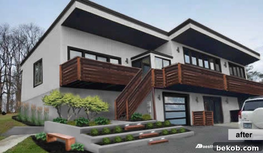 Stunning modern home exterior makeover with charcoal siding, wood accents, and clean landscaping