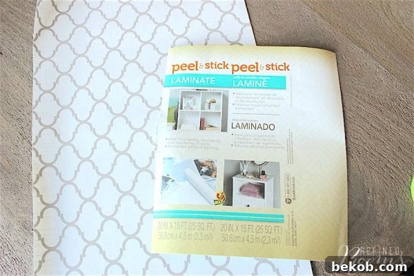Peel N Stick Laminate Shelf Liner Used as Wallpaper in Pantry Makeover