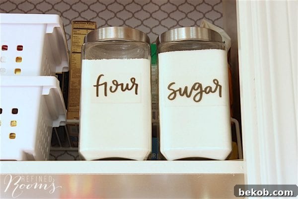 Glass Storage Jars with Clear Labels for Pantry Organization by Refined Rooms