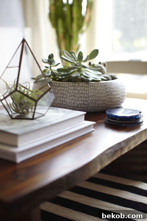 Incorporating greenery to add warmth and life to a coffee table.
