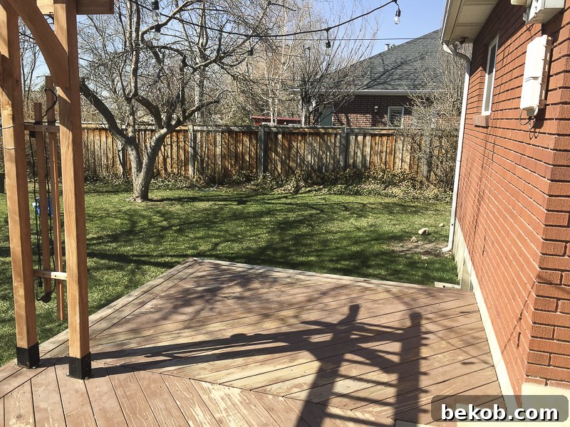 Our deck space before the DIY outdoor sectional sofa, showing the empty corner awaiting a transformation, featuring Better Homes and Gardens for Walmart Cushions