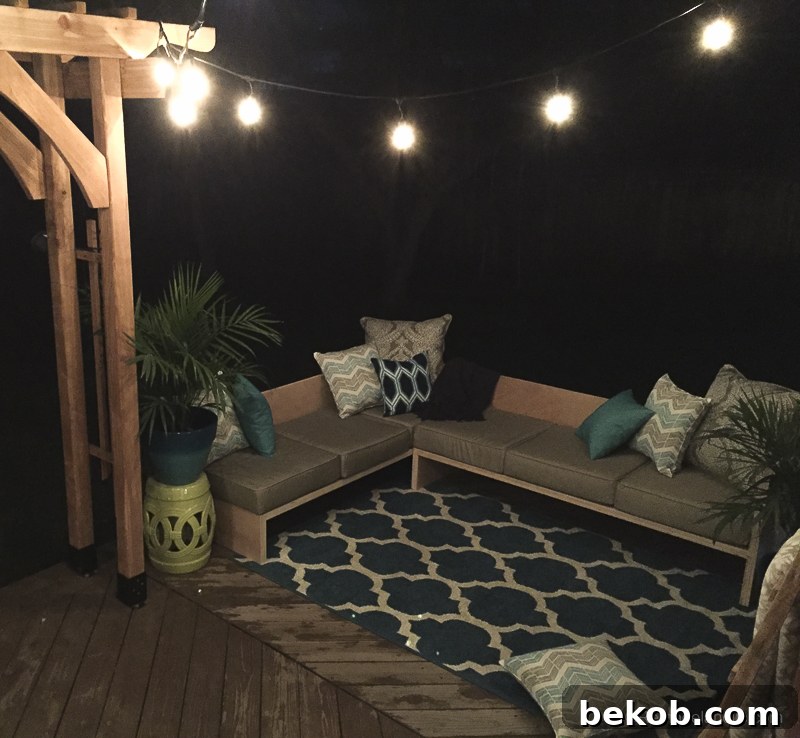 Nighttime view of the outdoor sectional sofa, perfect for evening relaxation
