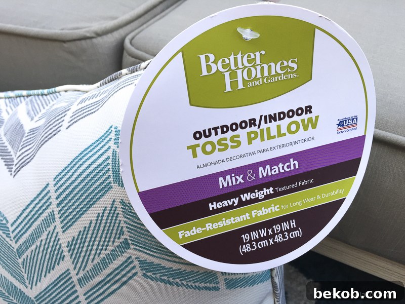 Stylish outdoor throw pillows from Better Homes and Gardens on the DIY sectional sofa