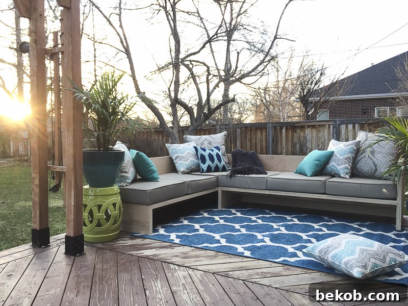 Twilight view of the newly styled outdoor deck with DIY sectional sofa