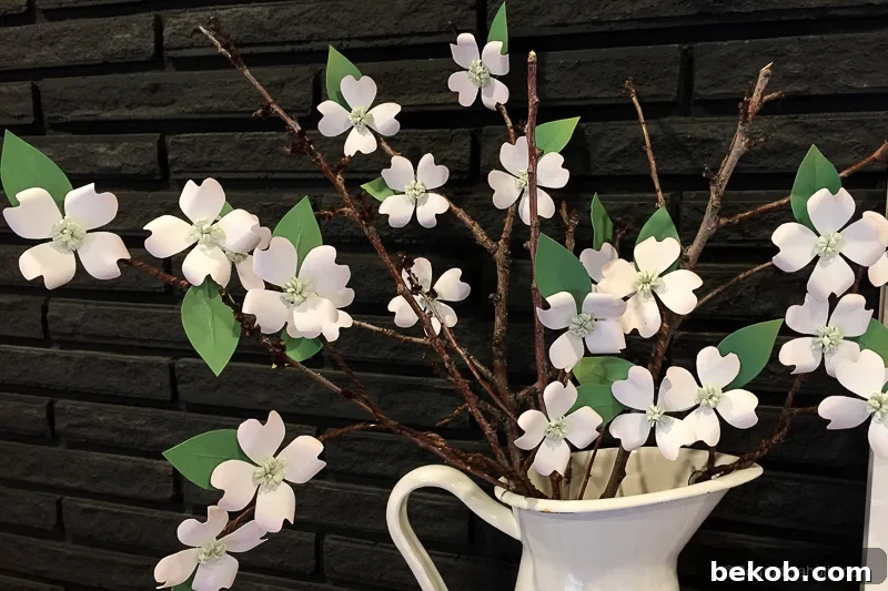 Various stages of paper dogwood flower creation, from cut pieces to assembled blooms, illustrating the DIY process.