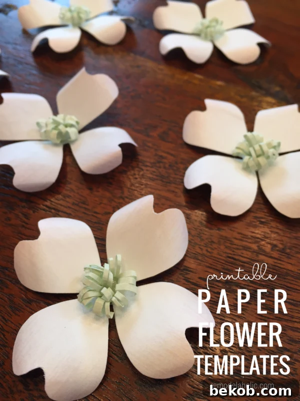 Printable paper flower templates featuring pink, yellow, and white dogwood flowers, perfect for a fun craft night or thoughtful handmade gifts.