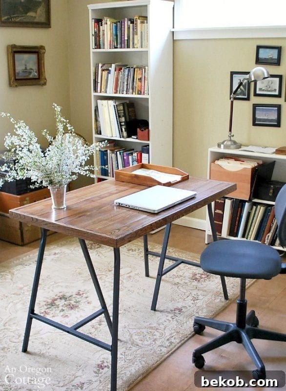 Create a custom plywood scrap desk top paired with IKEA trestle legs for an affordable and stylish home office solution.