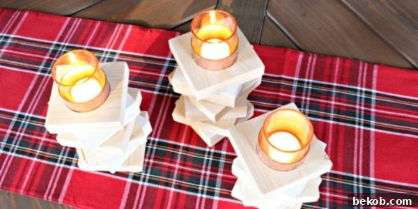 Stylish square scrap candle holders, combining wood and copper for a modern industrial look in your home decor.