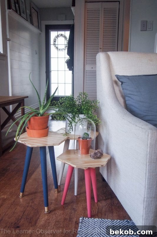 DIY Hexagon Stools or Plant Stands using thrifted legs and plywood