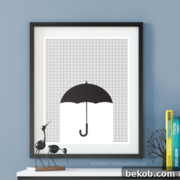 Printable Spring Wall Art: Stylish Black and White Umbrella Graphic for Modern Gallery Walls and Entryways