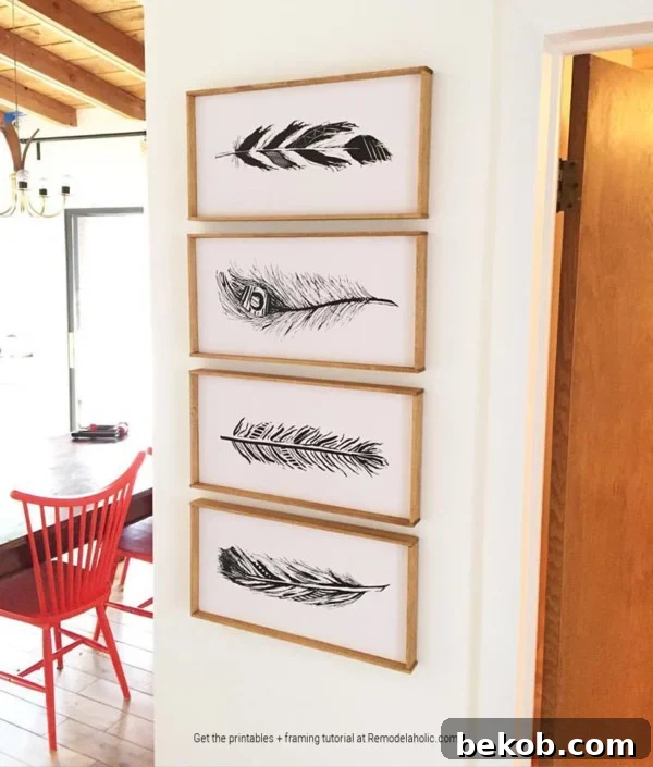 Hand-Drawn Feather Wall Art Printables: Black and White Set for Elegant and Serene Home Decor