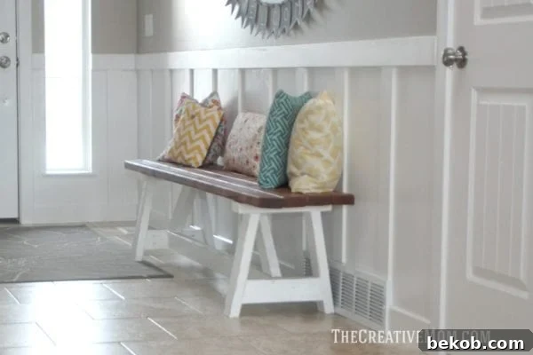 Classic farmhouse 2x4 bench design, perfect for dining tables or rustic interiors. Easy to build and customize.