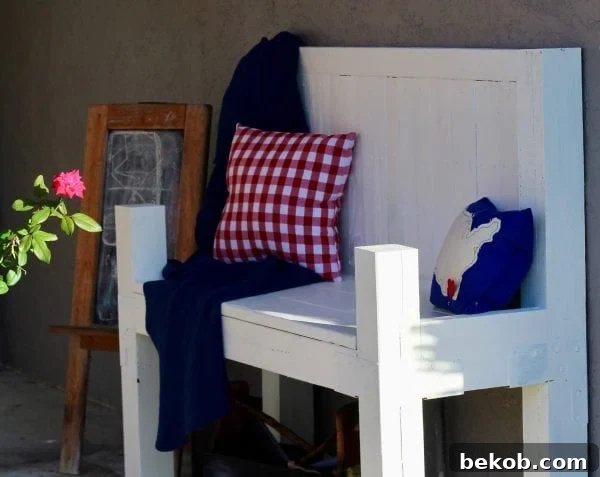 Party-ready porch bench DIY project using 2x4s, ideal for entertaining guests outdoors.