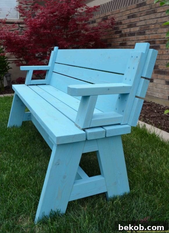 Convertible picnic table bench made from 2x4s, offering versatile outdoor dining and seating solutions.