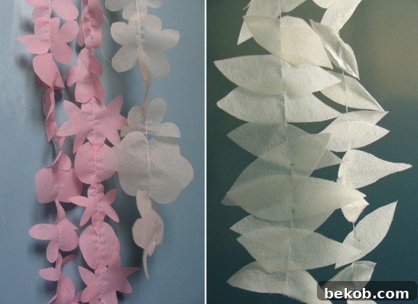 Two images side by side: a close-up of various cut flower shapes from disposable tablecloths, and a finished garland hanging, showing its delicate appearance.
