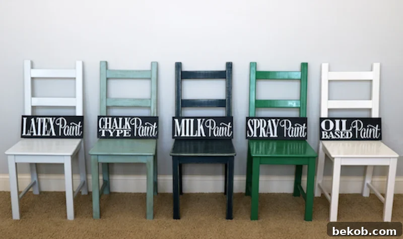 Furniture Painting Demystified: 5 Paint Choices 2 Different Painting Types For Furniture, showing various furniture pieces painted with different types of paint like latex, chalk, milk, spray, and oil-based paints.