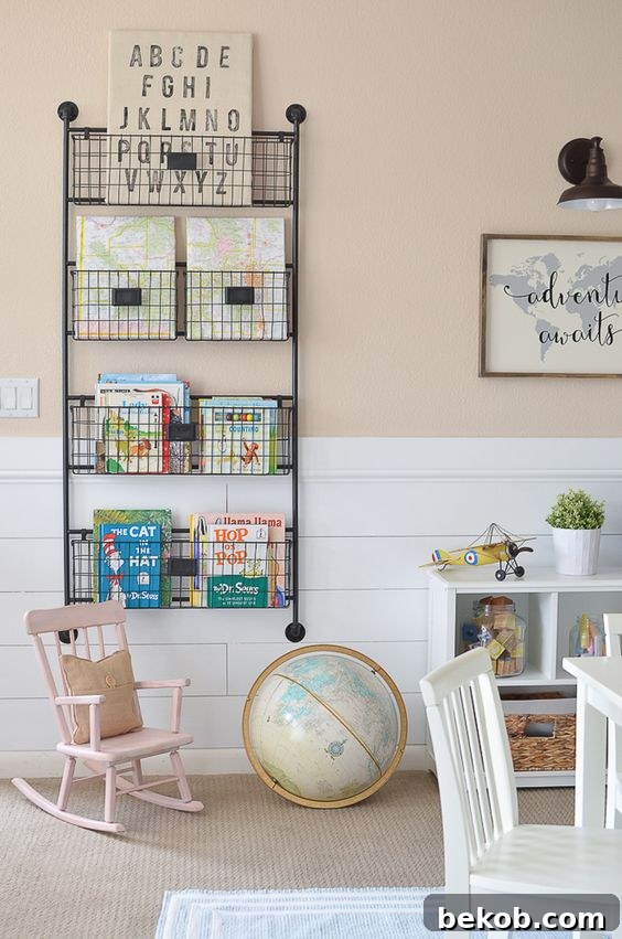 Farmhouse-style girls playroom with rustic touches and bright accents