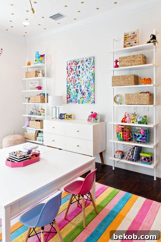 Spacious girls playroom with a large rug and ample natural light