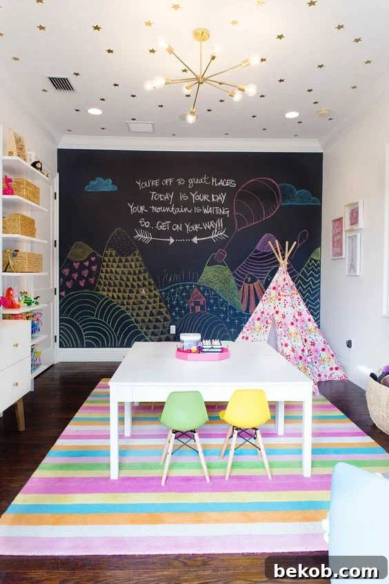 Vibrant girls playroom with eclectic furniture and playful wall art
