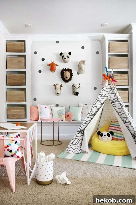 Chic girls playroom with a canopy bed and pastel accents