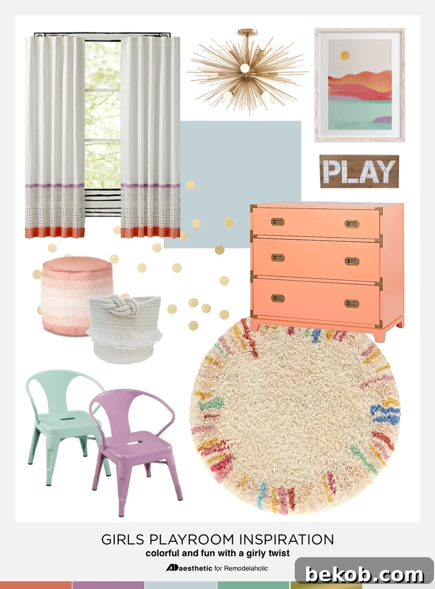 Colorful Girls Playroom Mood Board featuring rug, curtains, dresser, light fixture, art, wall decor, basket, pouf, chairs, and wall decals