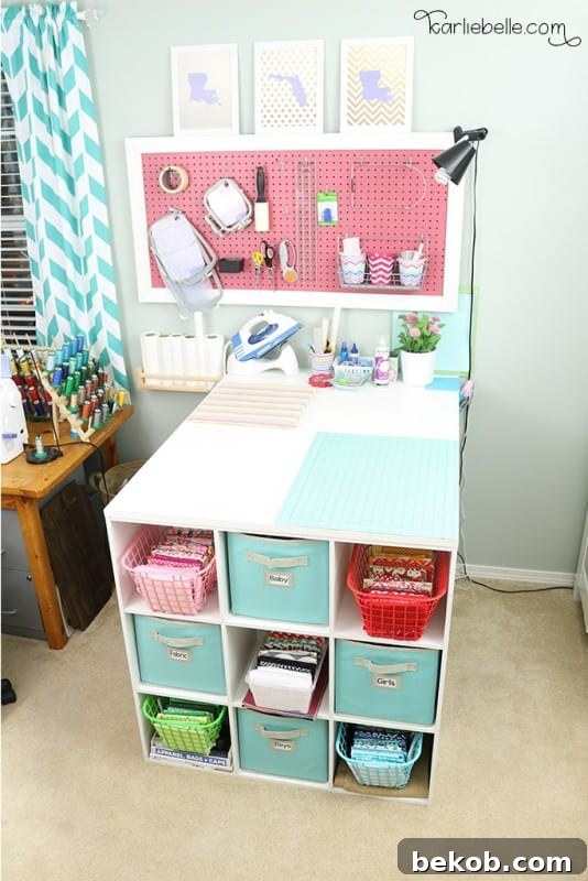 DIY craft table with a cube shelf base and a pink pegboard for organized storage