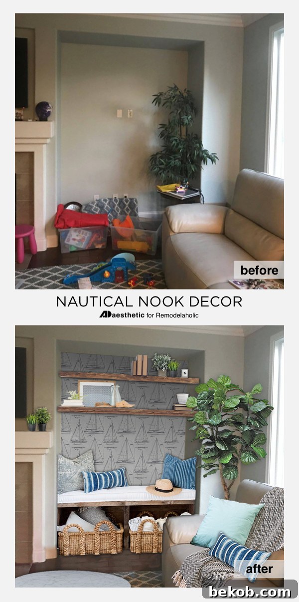 Transforming an awkward alcove into a stunning and functional nautical-themed nook with built-in storage and cozy seating. Discover creative nook decorating ideas for challenging spaces.