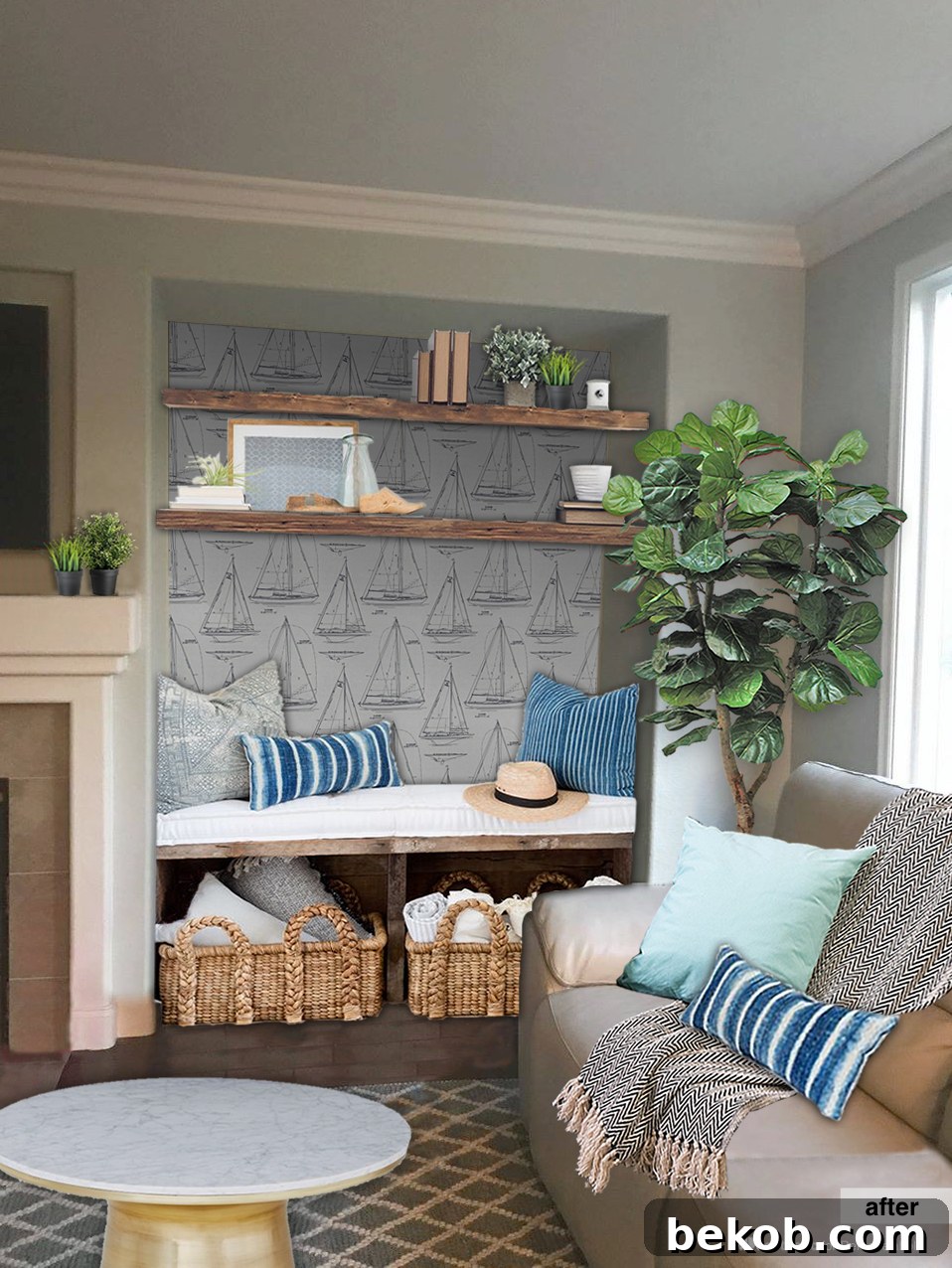 After photo of a transformed awkward alcove, featuring a soft nautical theme with a padded bench, built-in shelving, decorative storage baskets, and blue accents. A perfect blend of style and function for family rooms.