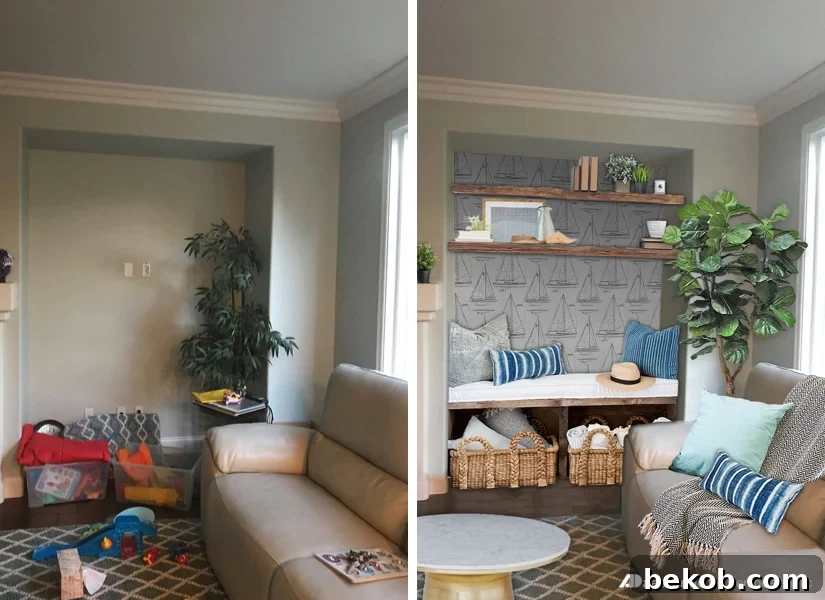 The finished design of the transformed nook, showcasing a blend of soft nautical elements, practical storage, comfortable seating, and stylish decor. An inspiring solution for challenging home spaces.