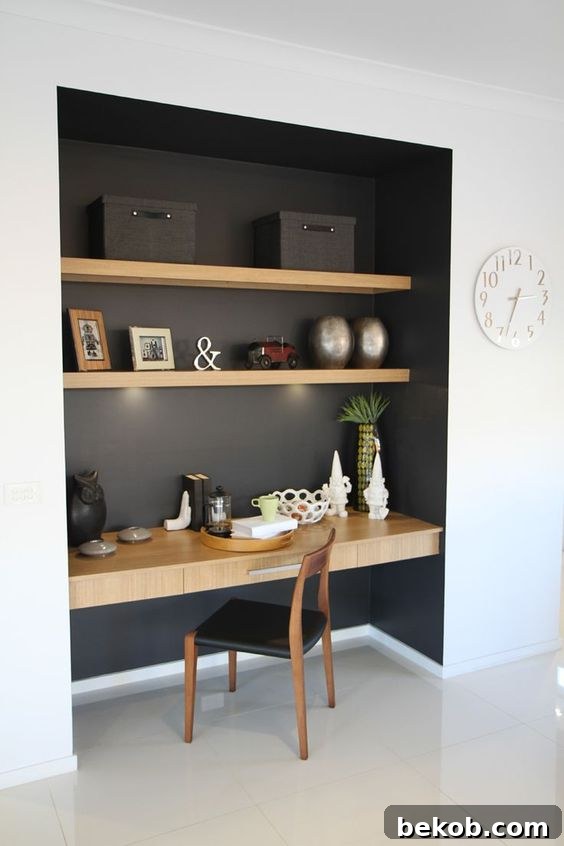 Elegant built-in study nook with shelving and a desk, maximizing functionality in a compact area. Ideal for home office solutions and maximizing small spaces.