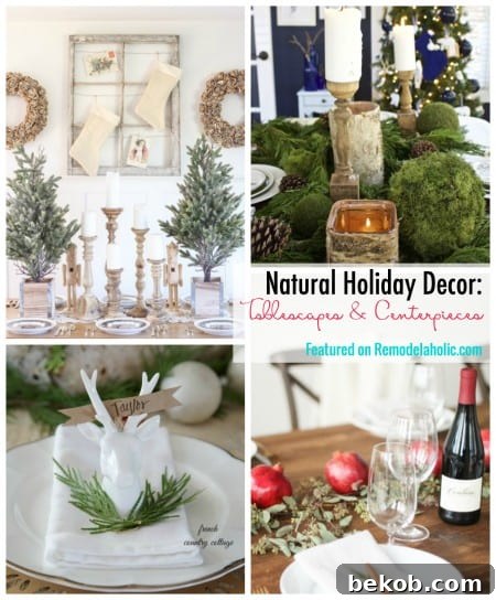 Tablescape ideas featuring natural elements like pinecones, branches, and fruits for Christmas dining