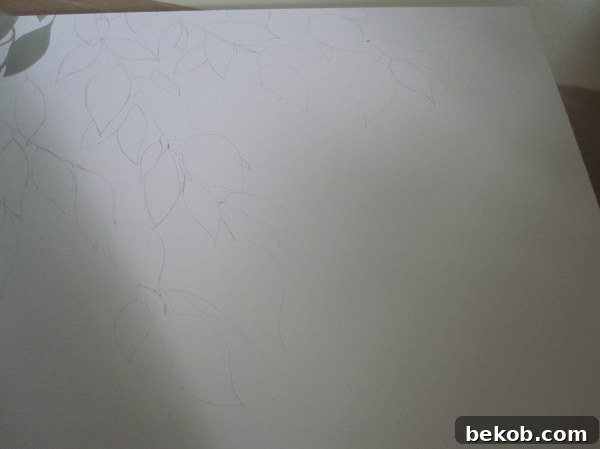 Pencil drawing of leaves on a primed MDF board
