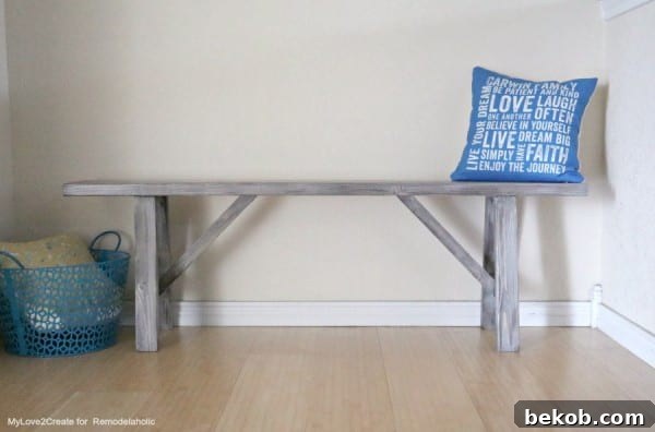 Easy DIY farmhouse wood bench plans with charming angled legs and rustic wood finish, perfect for beginners and budget-friendly
