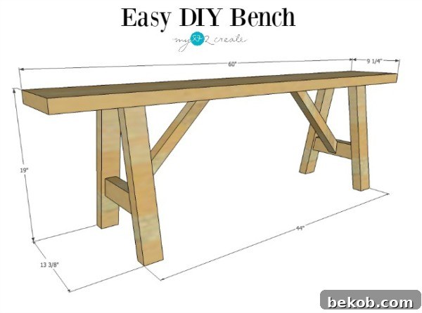 Final Dimensions of the Easy DIY Wood Bench Plans by MyLove2Create, showing overall structure
