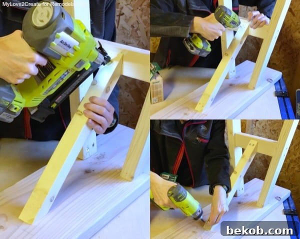 Adding Leg Supports to Easy DIY Wood Bench for enhanced stability, a crucial step in construction