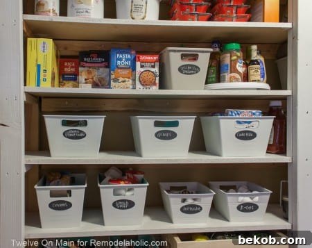 Close-up of a pantry shelf with organized bins for kids' lunch items