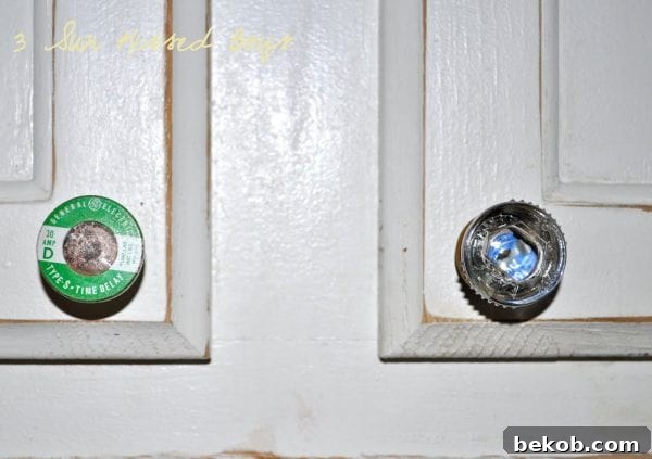 Repurposed old fuses make unique and colorful drawer pulls in the kitchen, DIY upcycle by 3 Sunkissed Boys
