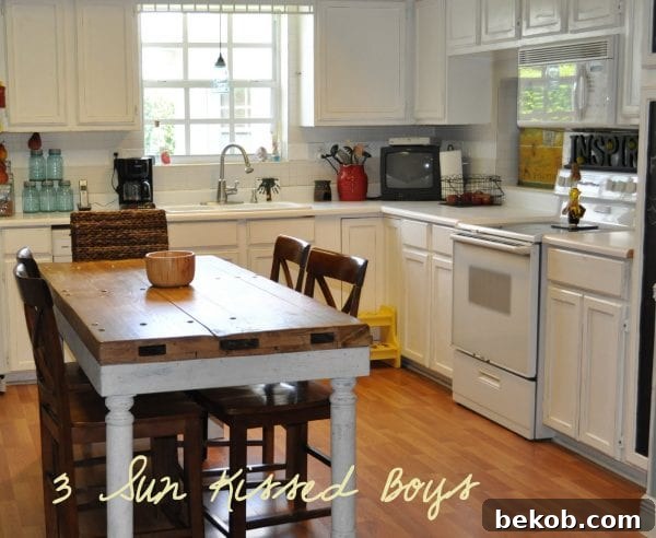 One color kitchen before DIY cabinet hardware update by 3 Sunkissed Boys