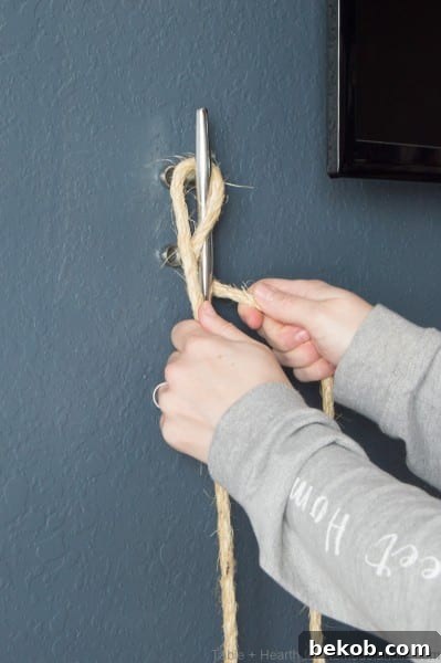 Tying rope onto wall cleats for nautical shelves