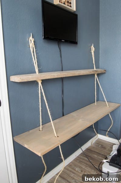Finished knots and trimmed rope on floating shelves