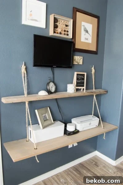 Organized guest room with DIY nautical rope shelves