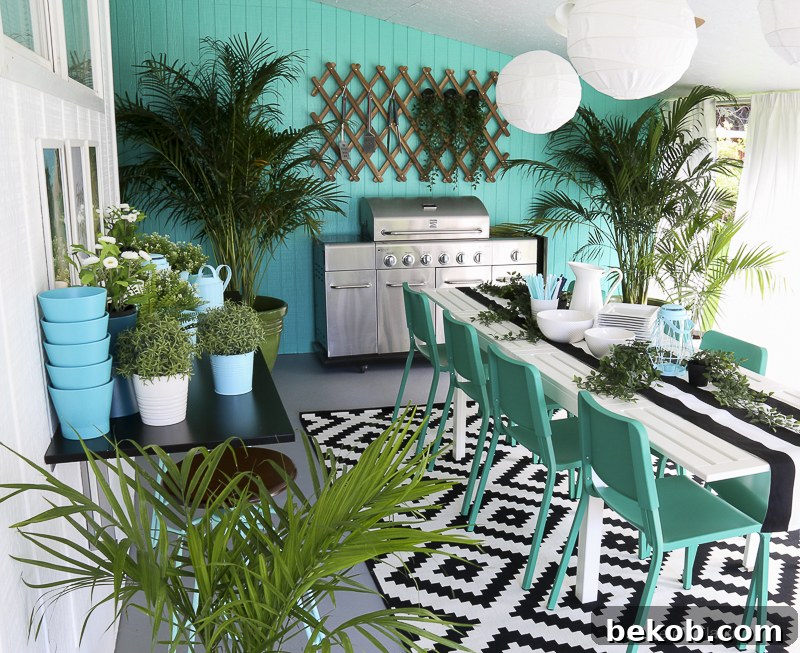After: Outdoor Dining Room with IKEA Furniture. Wide shot showing Majesty palms and the dining setup.