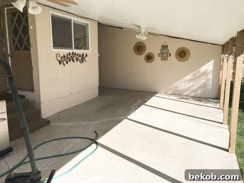 Before: Outdoor Dining Room with IKEA Furniture. Patio cleaned and prepped for concrete repair.