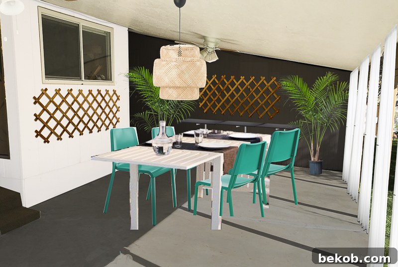 Outdoor Dining Room With IKEA Furniture. Photoshop rendering of a patio with a dark accent wall option.