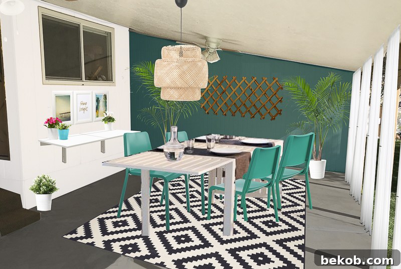 Outdoor Dining Room With IKEA Furniture. Photoshop rendering of a patio with a bright teal accent wall option.