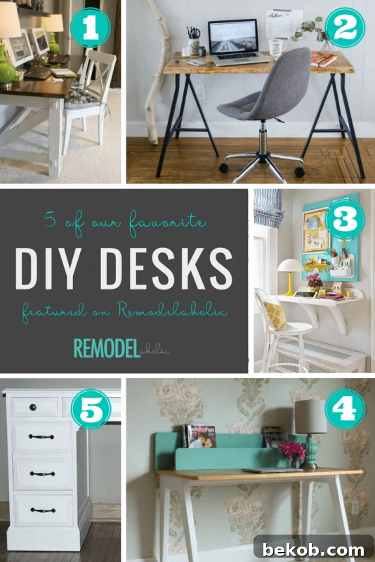 DIY desk ideas -- from single modern desks to a double farmhouse desk for two computers, you can build a desk to fit your home office needs perfectly. #remodelaholic