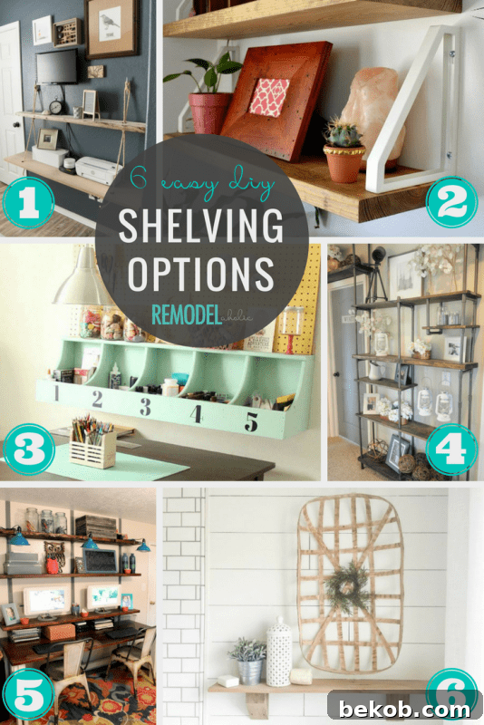 Easy DIY shelving ideas to add wall storage to a home office, bedroom, kitchen, or living room. #remodelaholic
