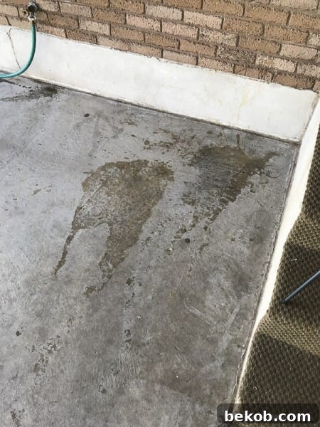 Close-up of a Stubborn Stain on Concrete Patio Before Repair
