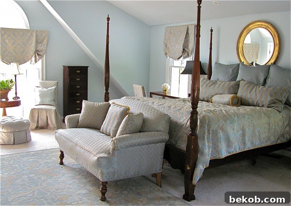 Original master bedroom design with Pottery Barn rug and Smith & Noble textiles