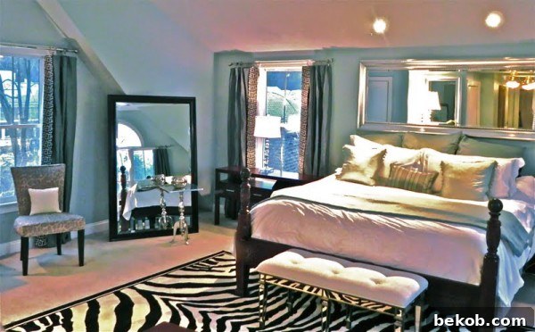 Close-up of master bedroom showing zebra rug detail